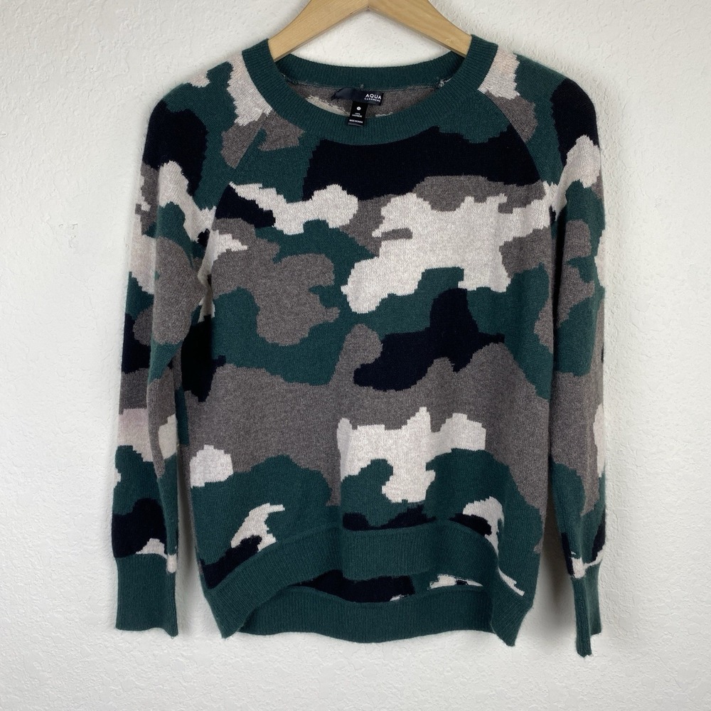 Aqua Cashmere S 100% Cashmere Sweater Camo Camouflage Green Crew Pure Luxe